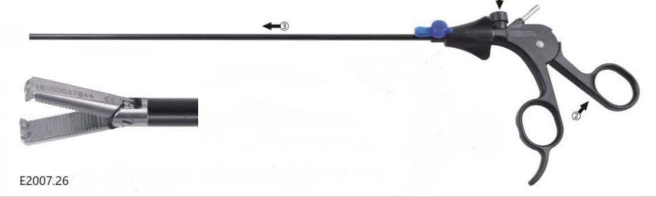 Ухоплюючий затискач, щипці, 2 х 3 зуба, обертальний 360 град V- тип, діаметр 5 мм, довжина 330 мм, довжина браншів 15 мм